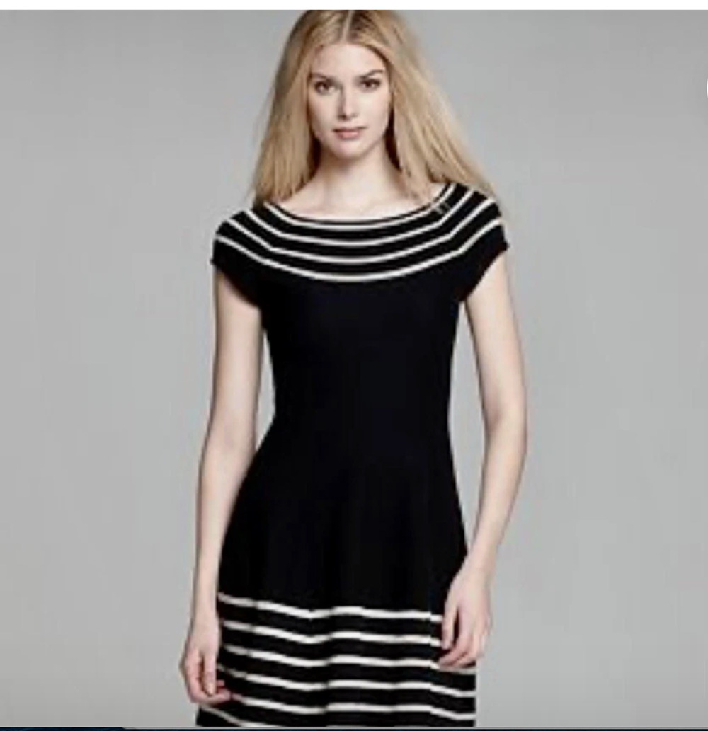 Kate Spade Amalia Black Crochet Stripe Cap Slv Fit Flare Sweater Dress Sz XS EUC
